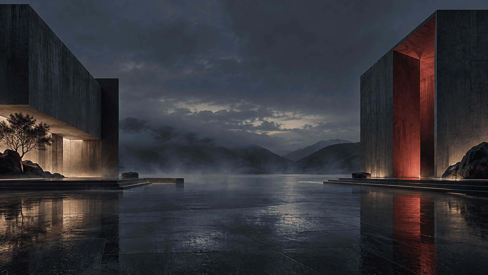 Pavilhão monumental de concreto ao entardecer — imagem conceitual