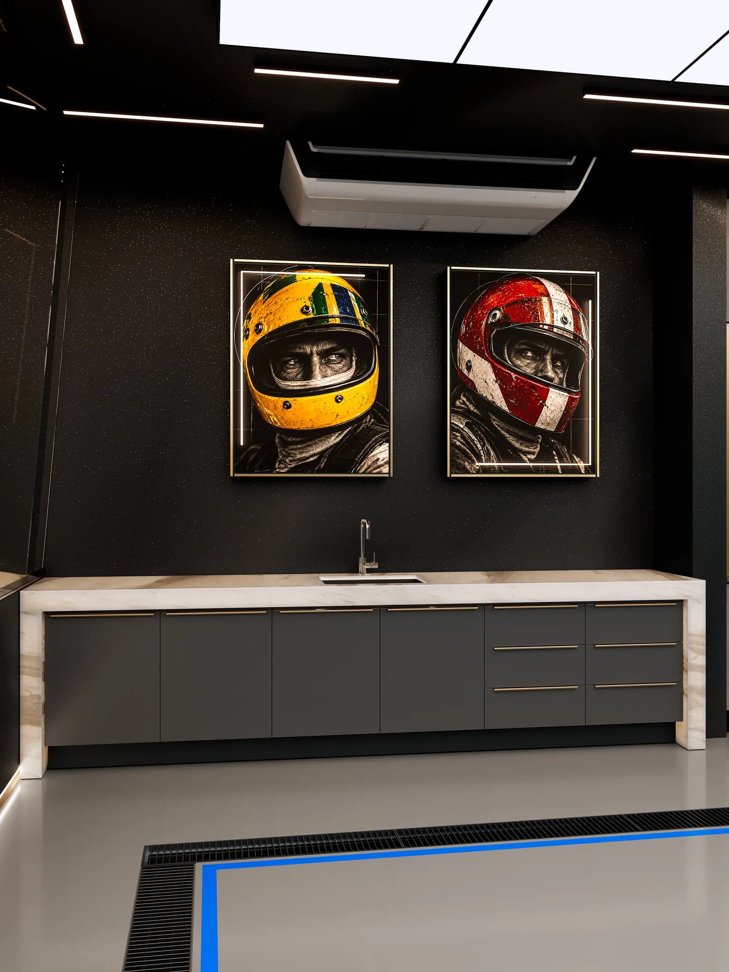 Vista IG03 — Bancada Técnica em Mármore, Apoio Hídrico & Quadros F1