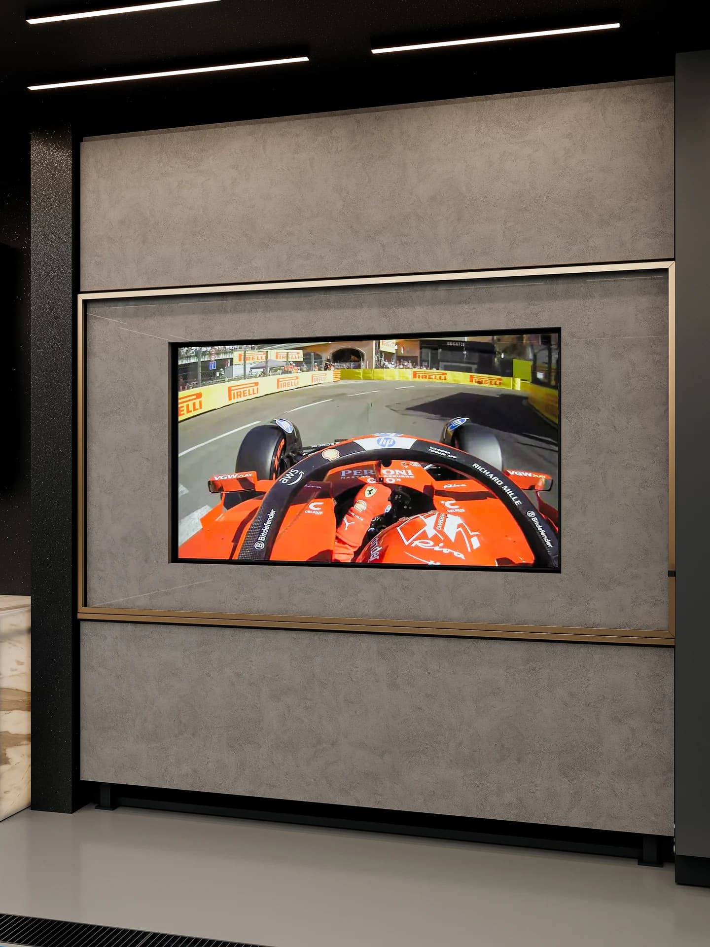 Vista IG04 — Painel Multimídia F1 em Cimento Queimado & Moldura Metálica