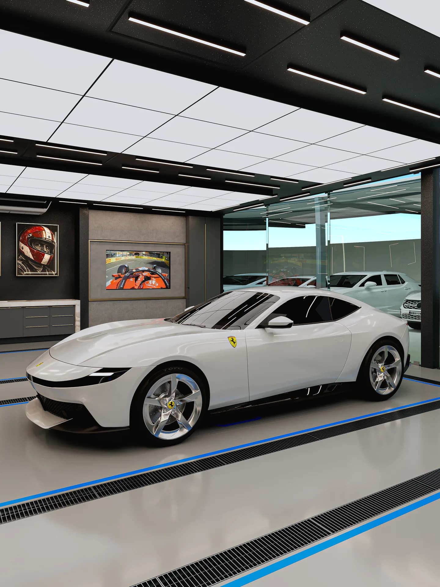 Vista IG05 — Enquadramento Frontal, Divisória em Vidro & Showroom