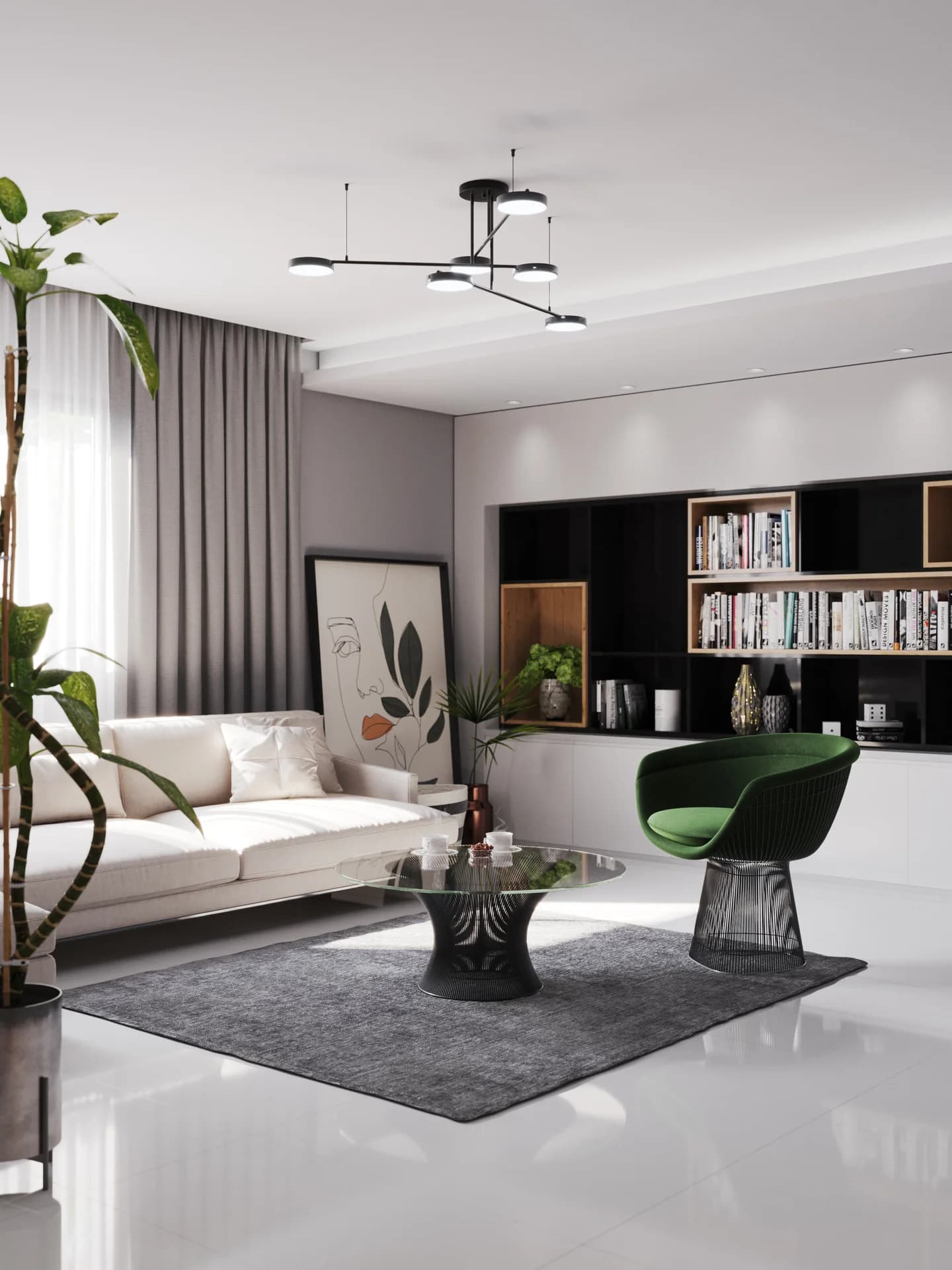 Sala de Estar — Sofá em L, Poltrona Platner & Estante em Marcenaria