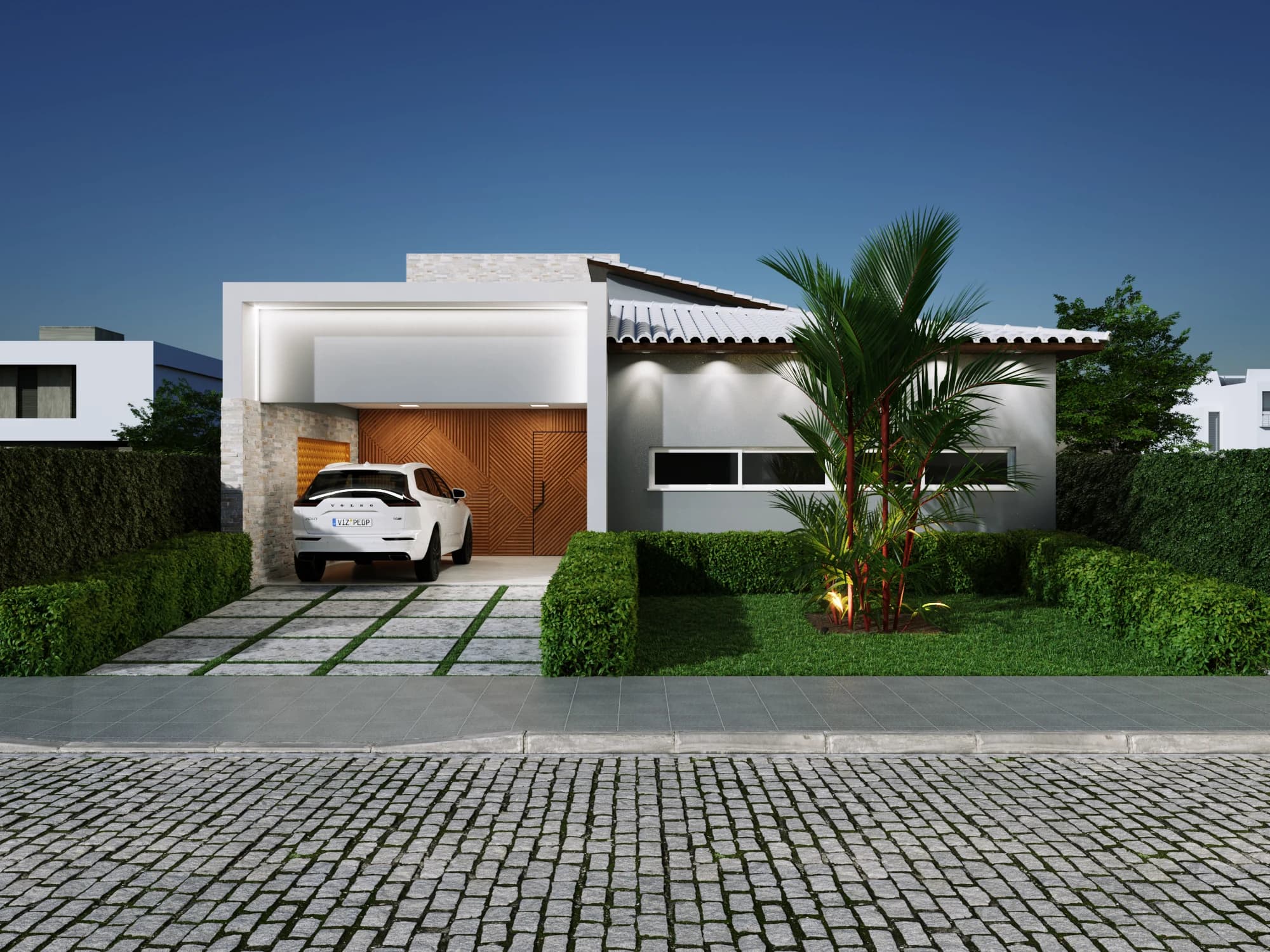 Fachada Noturna — Iluminação Linear em Sanca no Pórtico & Beiral