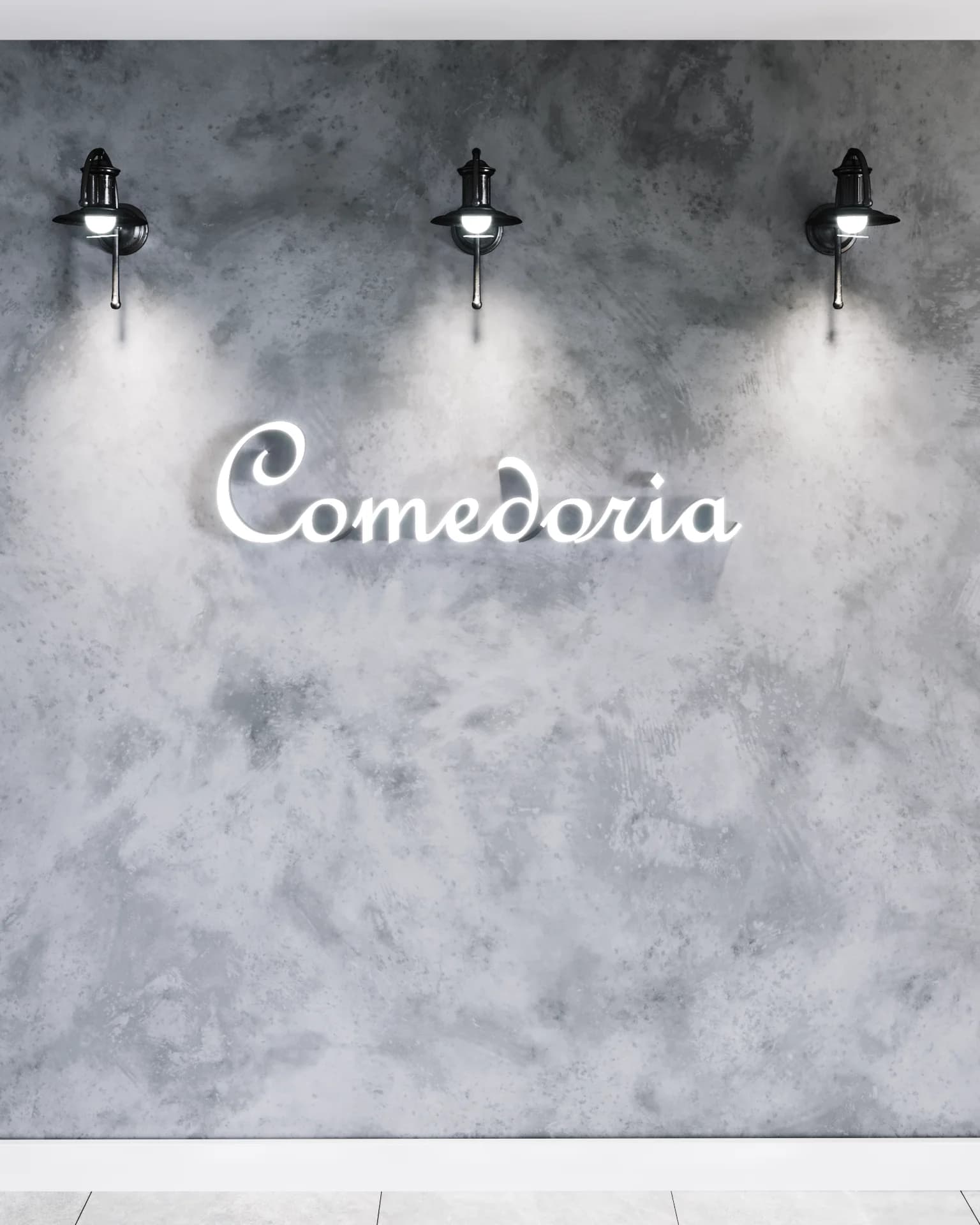 Hall de Acesso — Parede em Cimento Queimado, Arandelas Industriais & Neon "Comedoria"