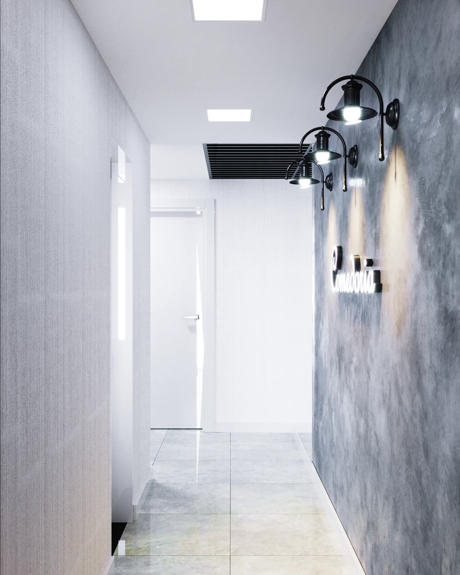 Circulação & Hall dos Sanitários — Cimento Queimado & Iluminação de Destaque