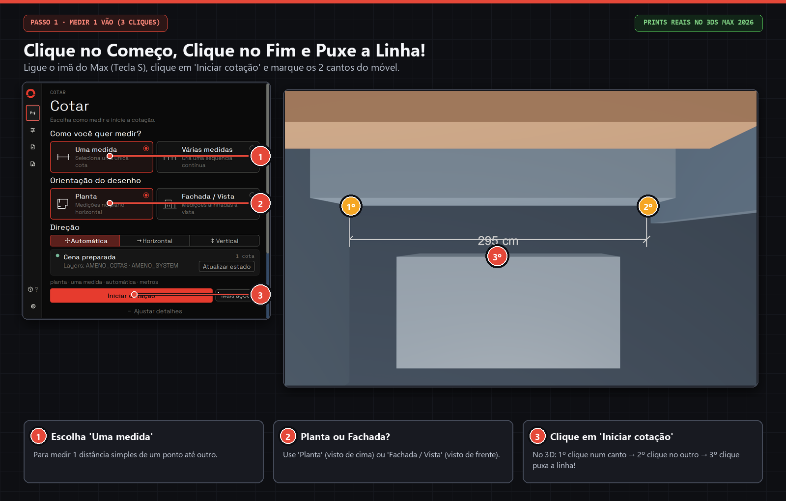 1º clique num canto da bancada → 2º clique no outro canto → 3º clique puxa a linha de 295 cm.