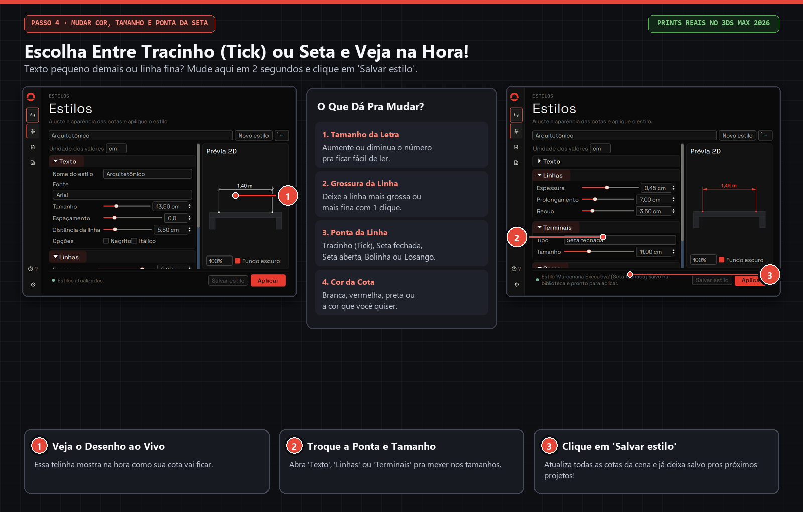 Compare o estilo com tracinho inclinado (Tick) na esquerda e o estilo com Seta fechada vermelha na direita.