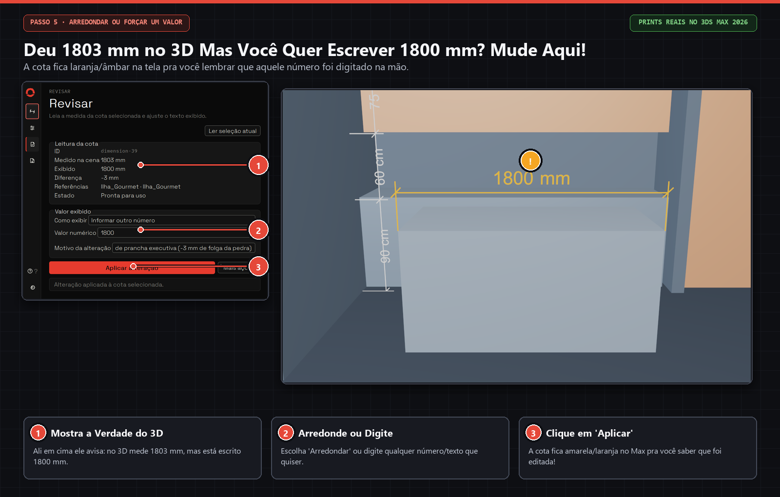 A aba Revisar mostra que no 3D mede 1803 mm, muda o texto para 1800 mm e deixa a cota laranja/âmbar na tela.
