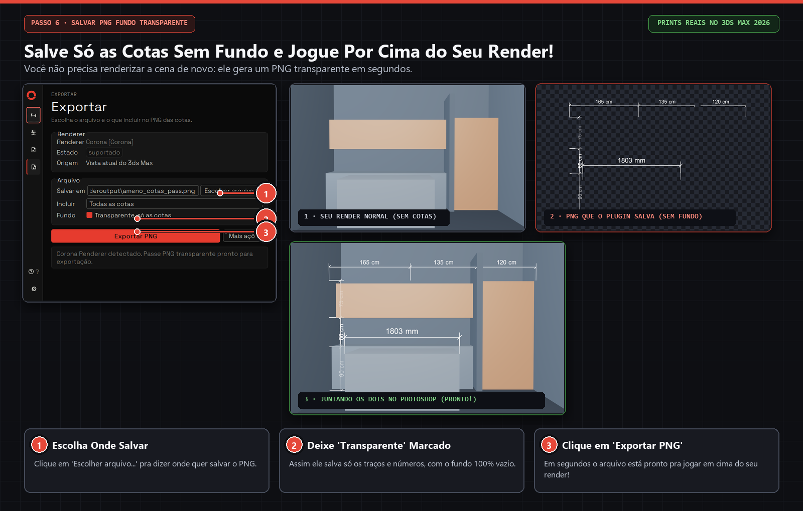 Veja os 3 quadros: (1) seu render limpo, (2) o PNG sem fundo que o plugin salva e (3) os dois juntos no Photoshop!
